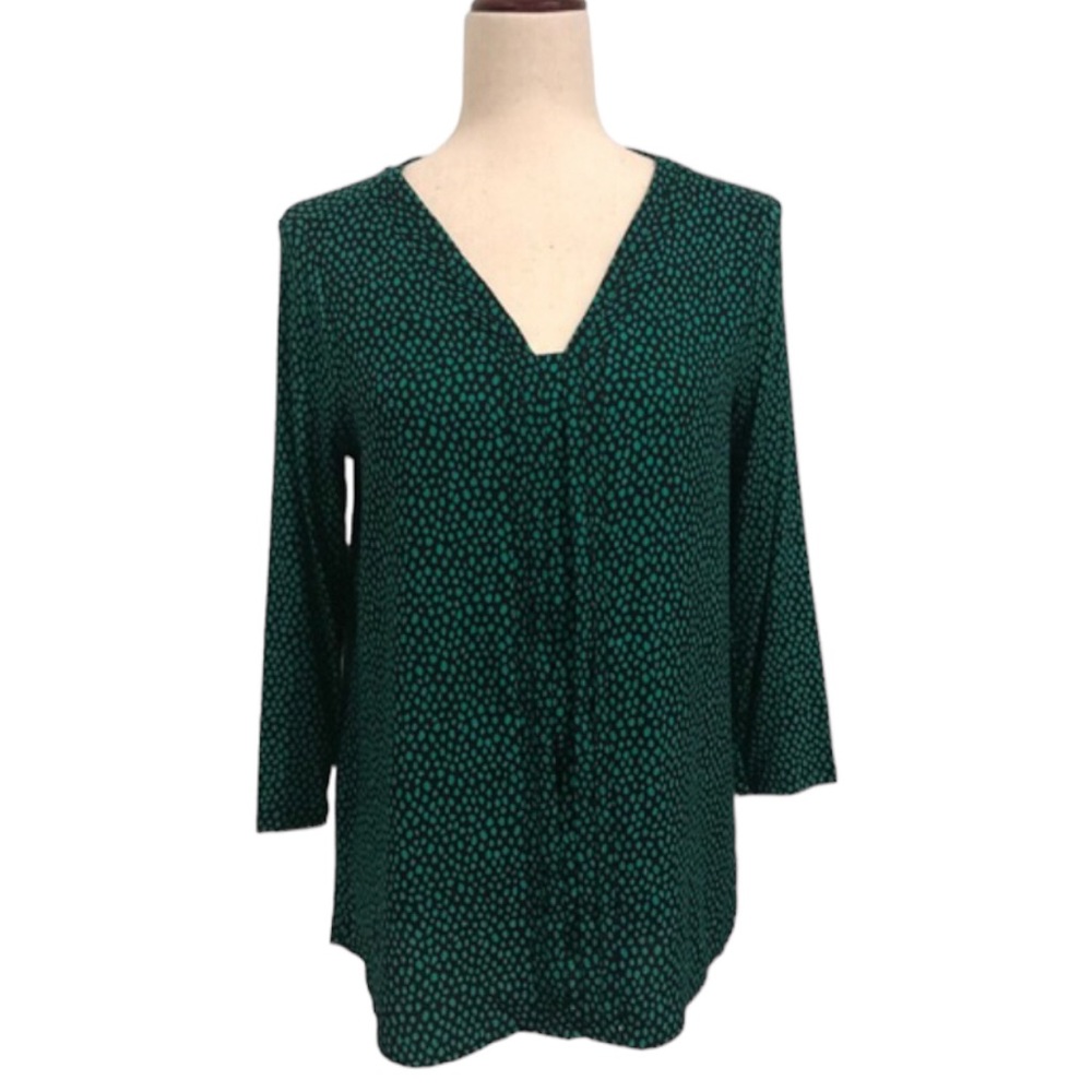 Dana Buchman Small Pleated Popover Blouse Black Green Polka Dots 3/4 Sleeves New